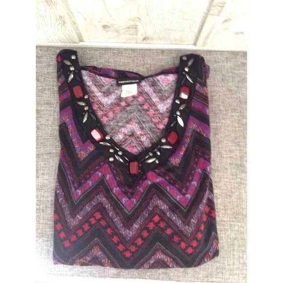 Perseption Women L Black Purple Shirt Zigzag Print Beaded Rhinestones Career - Picture 3 of 6